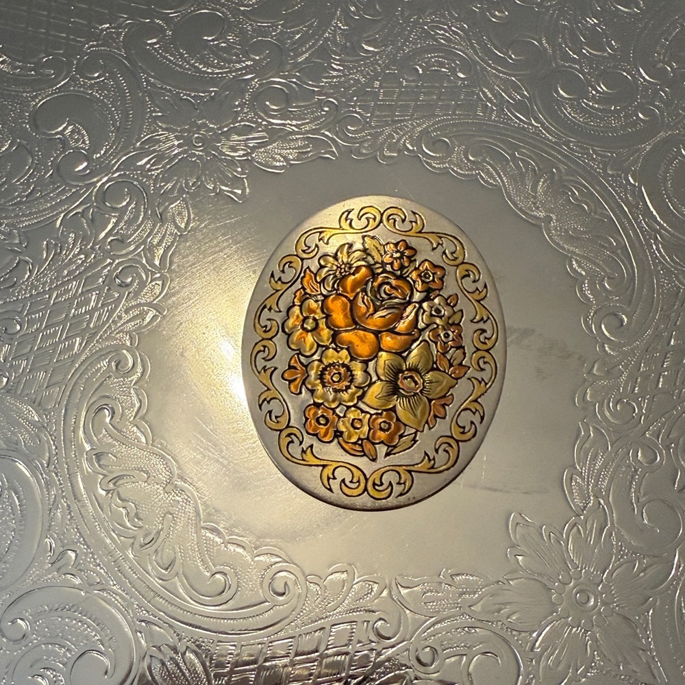 Reed & Barton Damascene Pendant | Gold Inlay Floral Design | 1970s–1980s